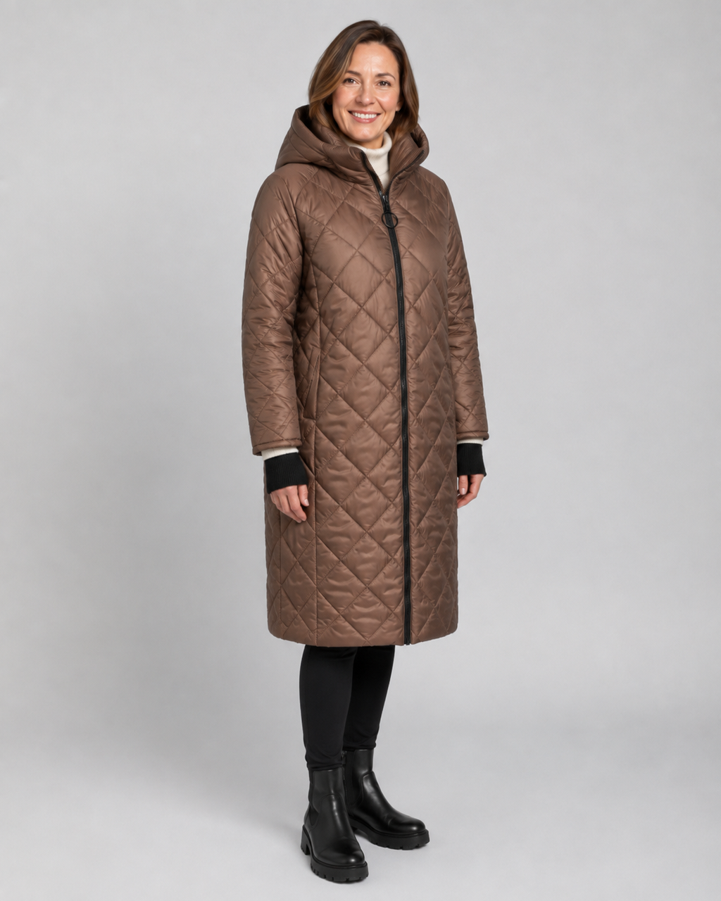 Women's Longline Diamond Quilted Hooded Coat with Zip Front
