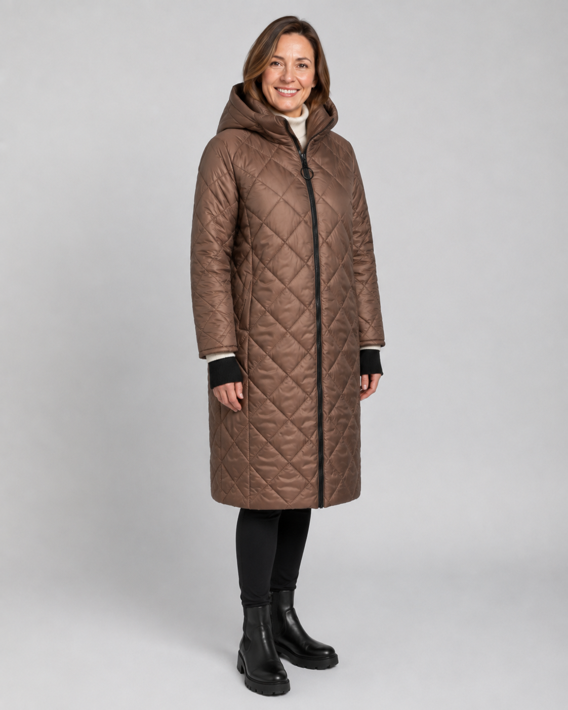 Women's Longline Diamond Quilted Hooded Coat with Zip Front