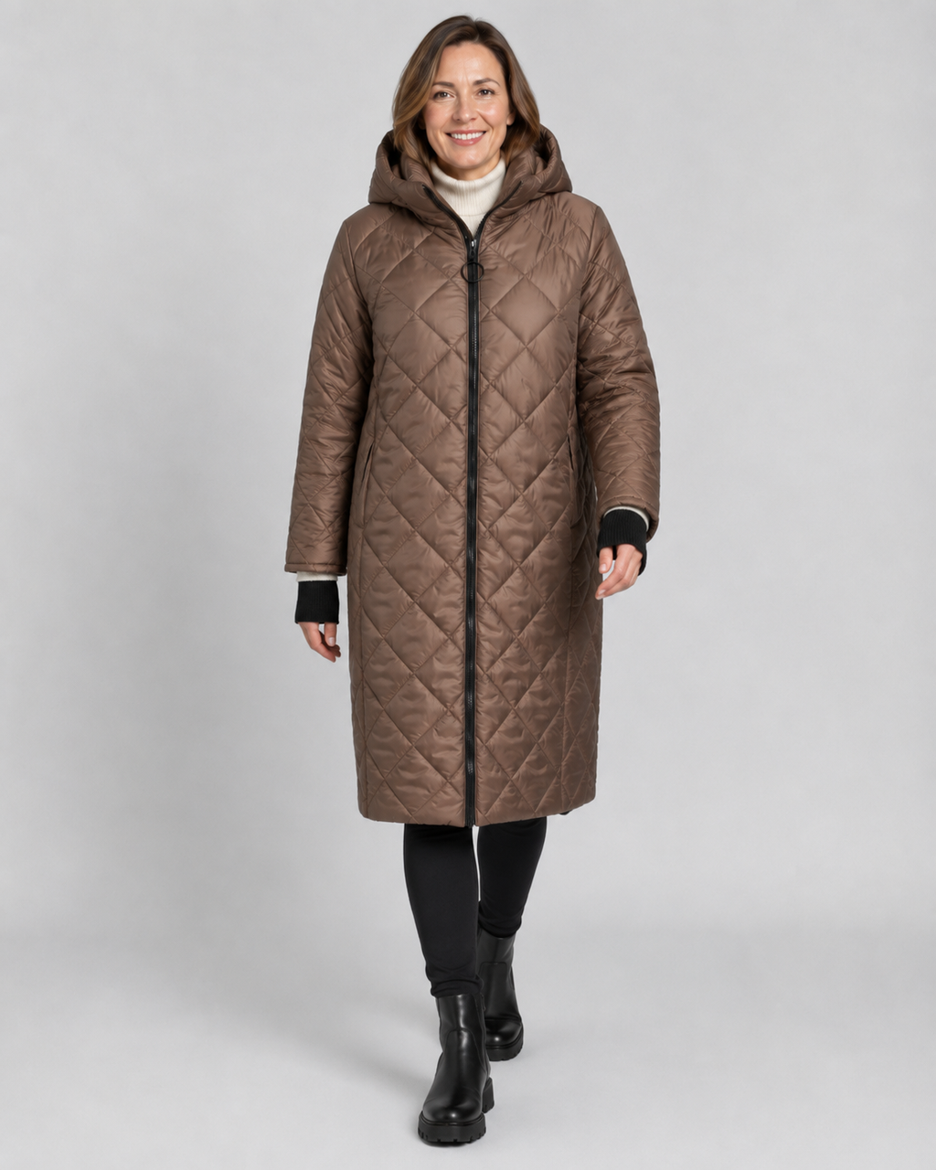 Women's Longline Diamond Quilted Hooded Coat with Zip Front