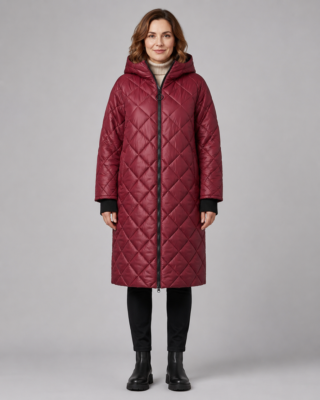 Women's Longline Diamond Quilted Hooded Coat with Zip Front