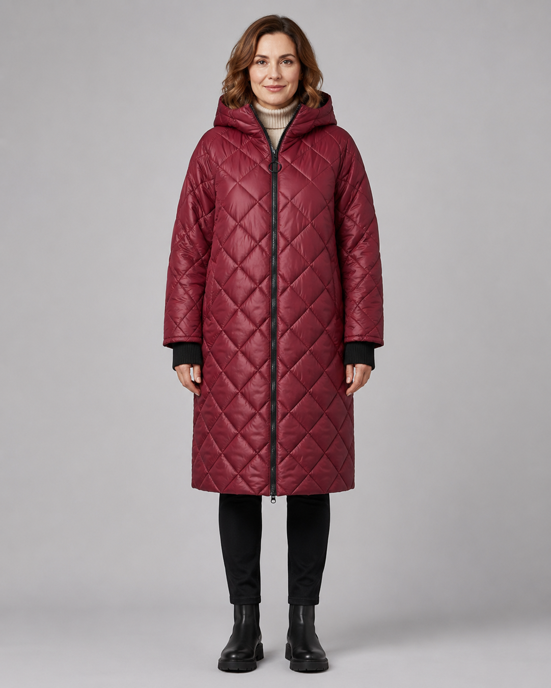 Women's Longline Diamond Quilted Hooded Coat with Zip Front