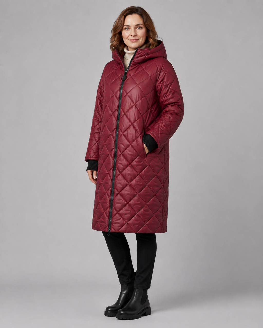 Women's Longline Diamond Quilted Hooded Coat with Zip Front