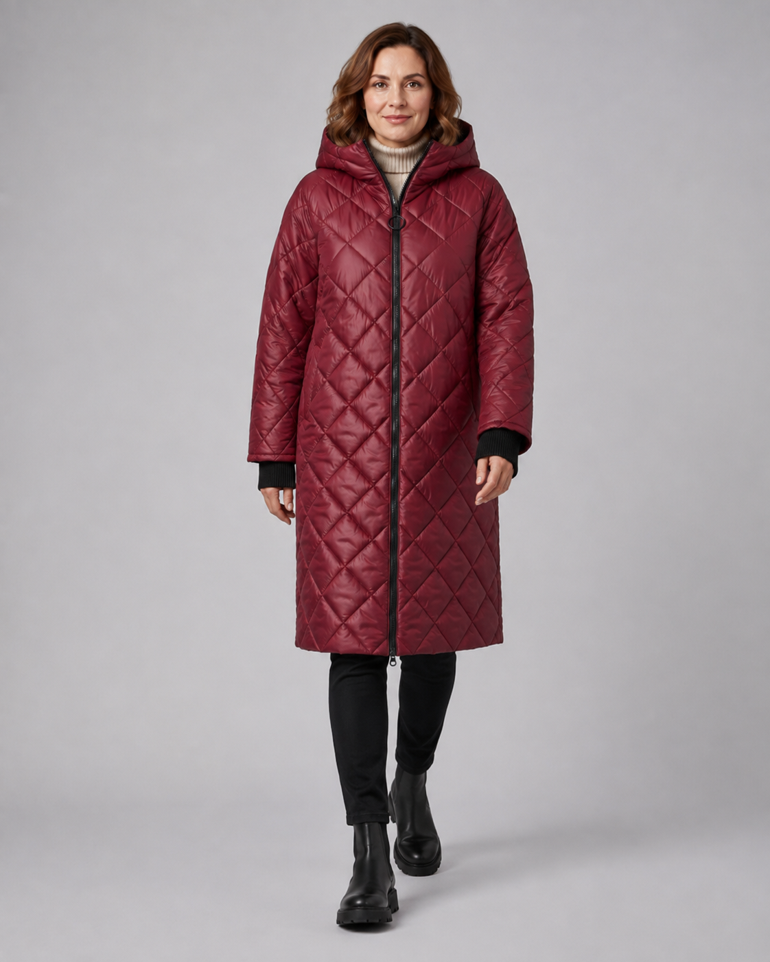 Women's Longline Diamond Quilted Hooded Coat with Zip Front