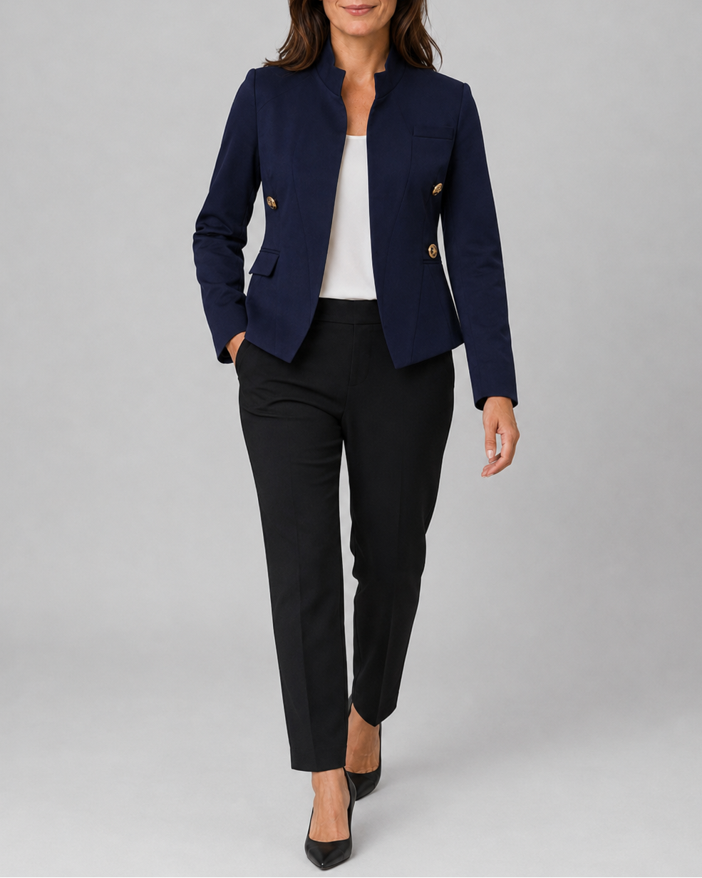 Women's Open Front Tailored Blazer Jacket with Gold Buttons