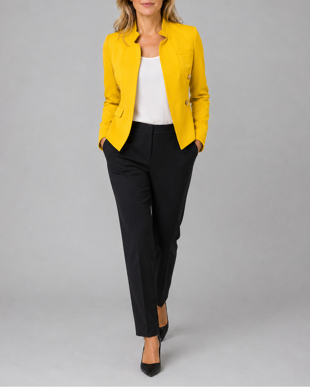 Women's Open Front Tailored Blazer Jacket with Gold Buttons