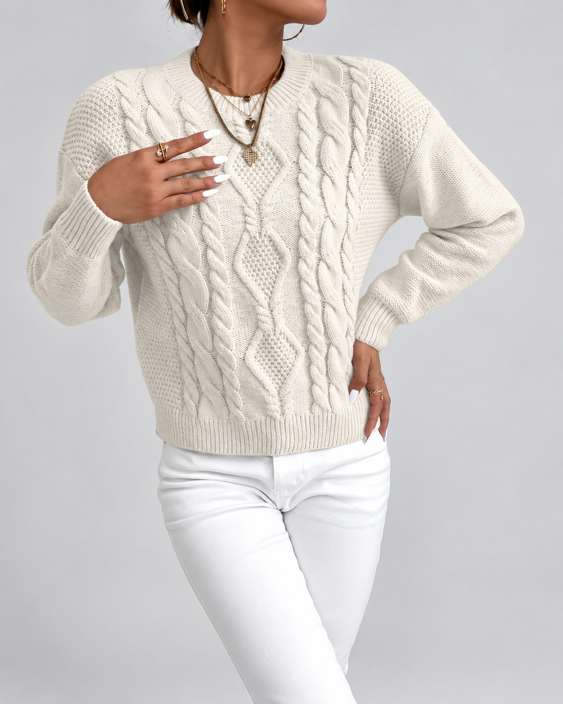 Women's Cable Knit Jumper with Crew Neck