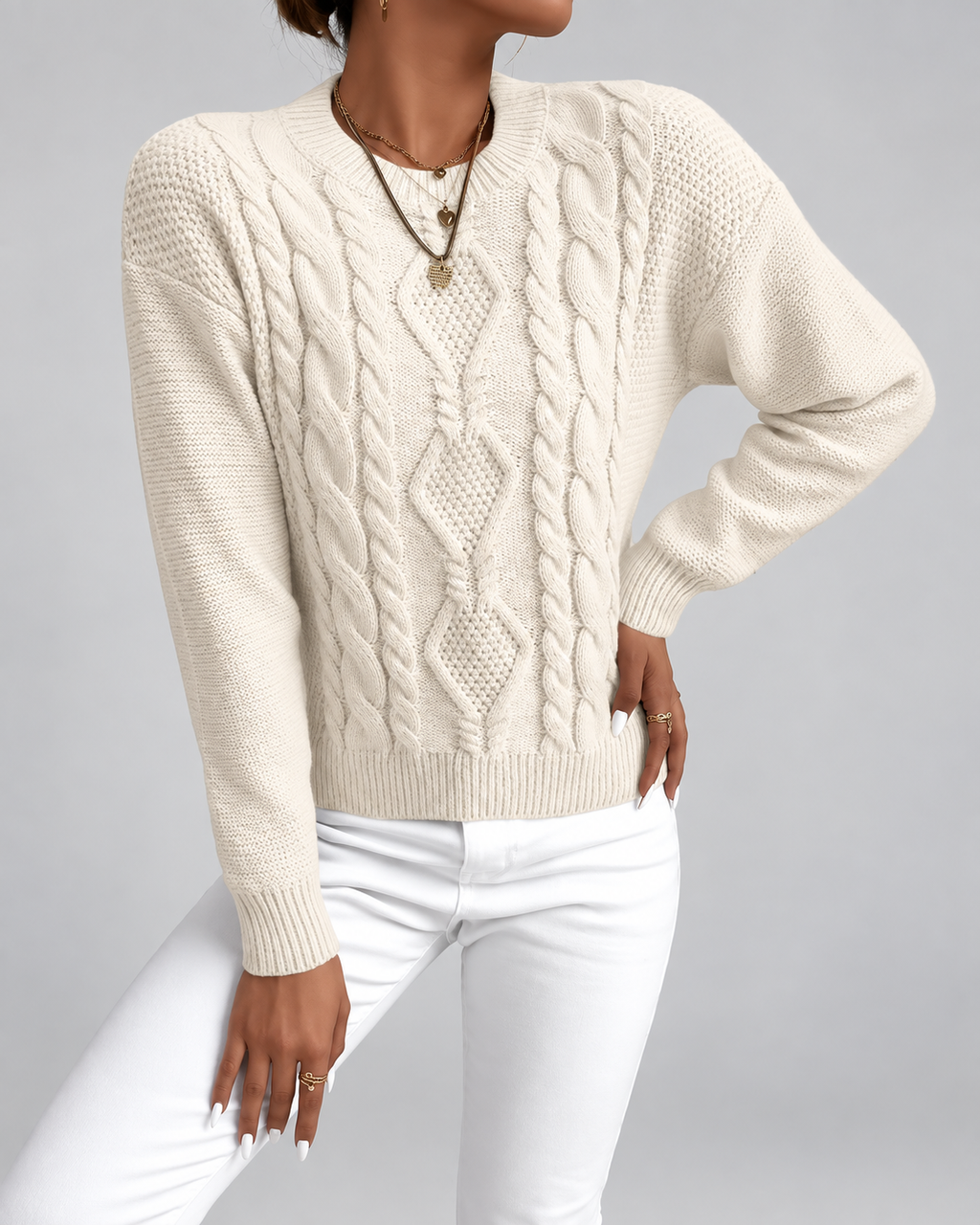 Women's Cable Knit Jumper with Crew Neck