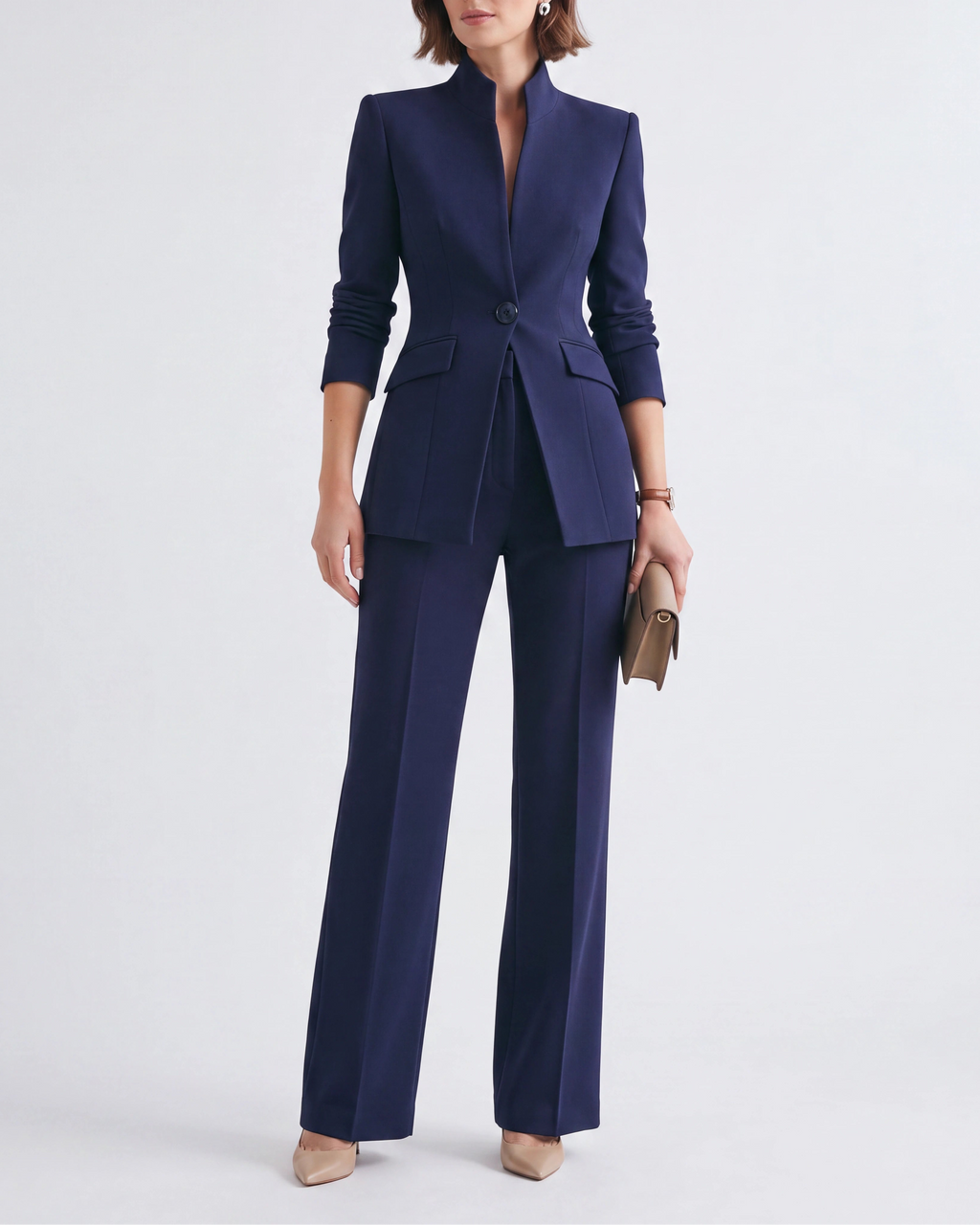 Women's Fitted Two Piece Blazer and Straight Leg Trouser Suit Set