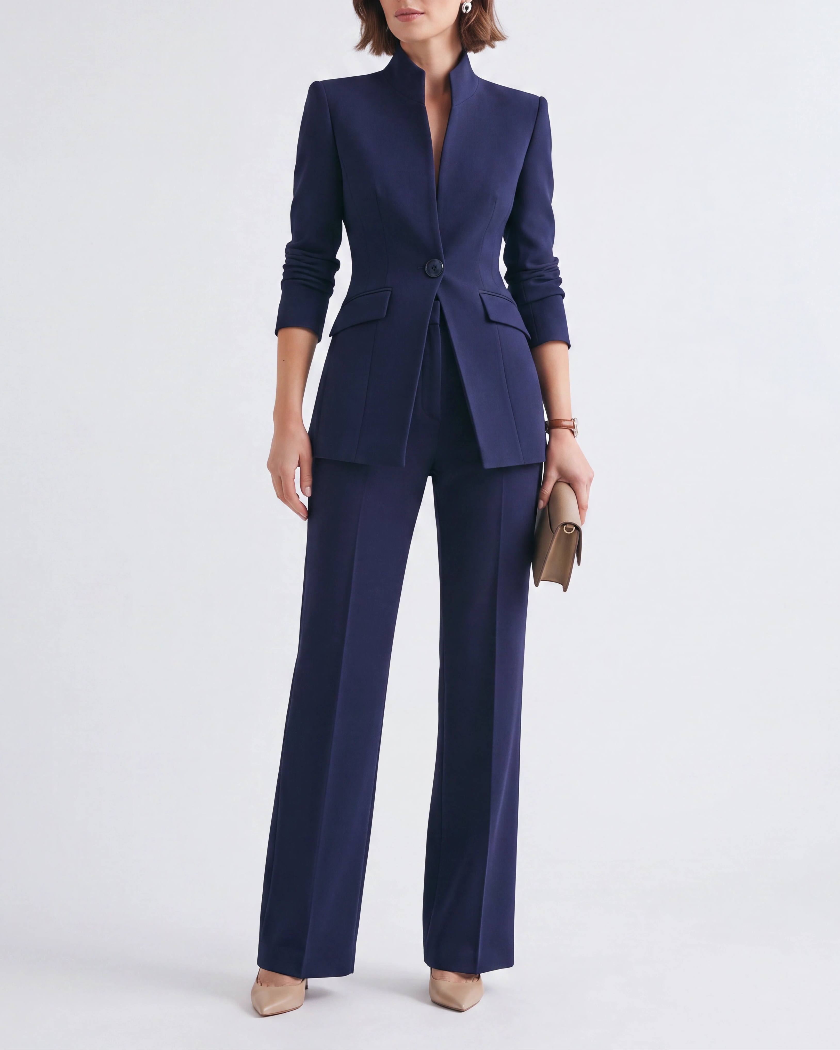 Women's Fitted Two Piece Blazer and Straight Leg Trouser Suit Set