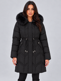 Women's faux fur hooded puffer coat with a drawstring waist
