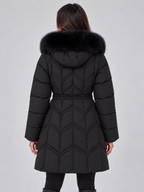 Women's faux fur hooded puffer coat with a drawstring waist