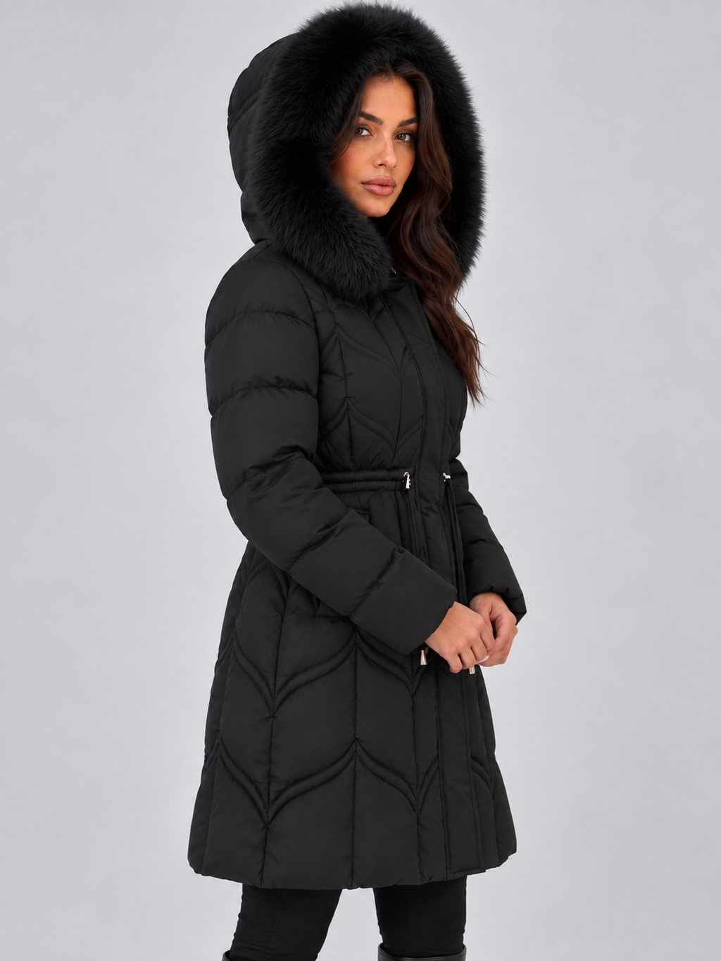 Women's faux fur hooded puffer coat with a drawstring waist