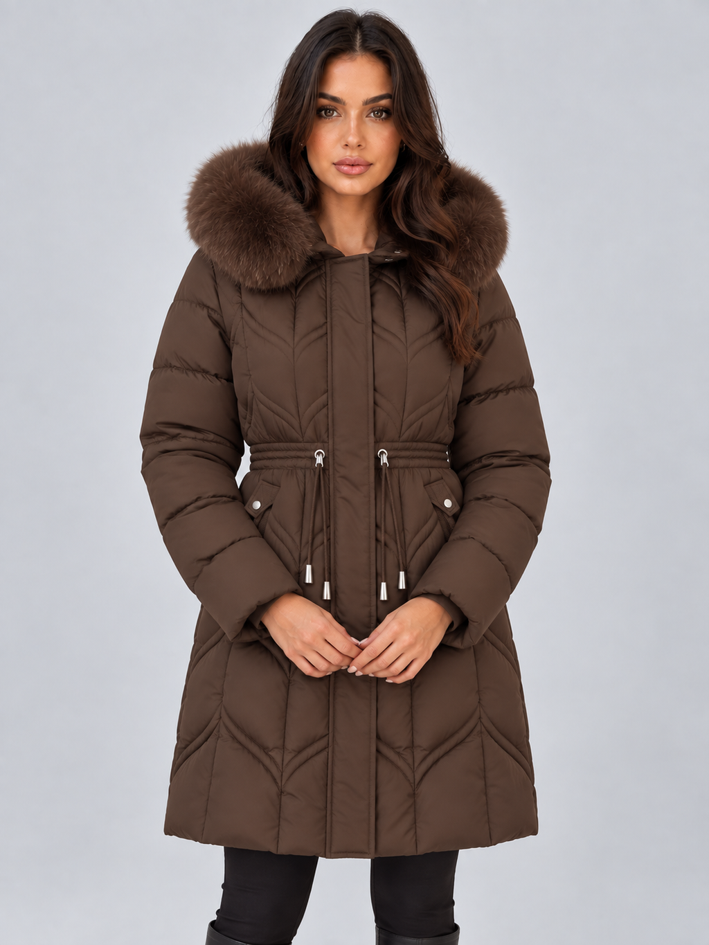 Women's faux fur hooded puffer coat with a drawstring waist