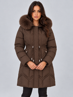 Women's faux fur hooded puffer coat with a drawstring waist