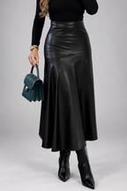 Women's Faux Leather Midi Skirt with High Waist and Flared Hem