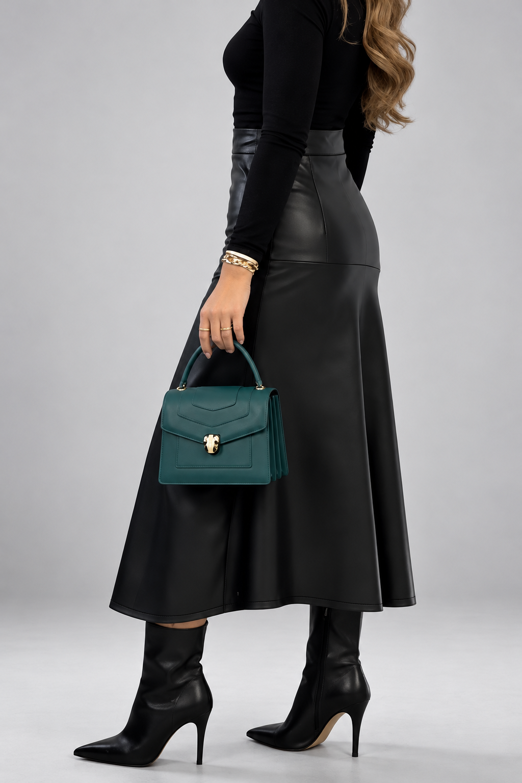 Women's Faux Leather Midi Skirt with High Waist and Flared Hem