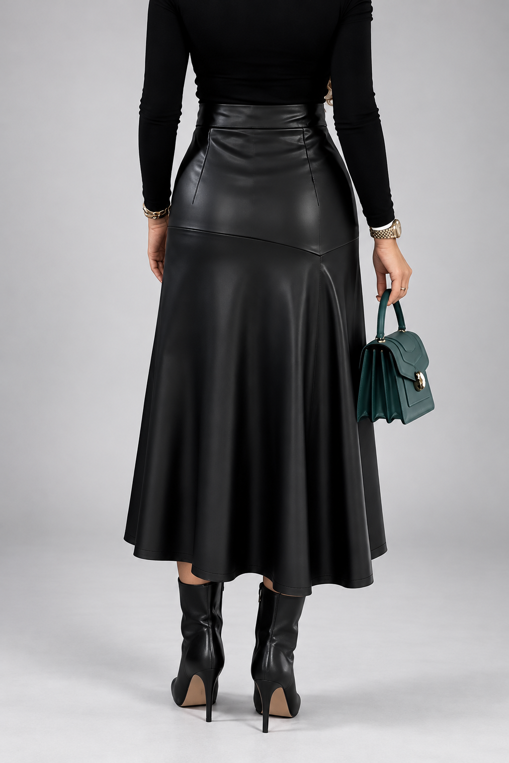 Women's Faux Leather Midi Skirt with High Waist and Flared Hem