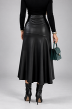 Women's Faux Leather Midi Skirt with High Waist and Flared Hem