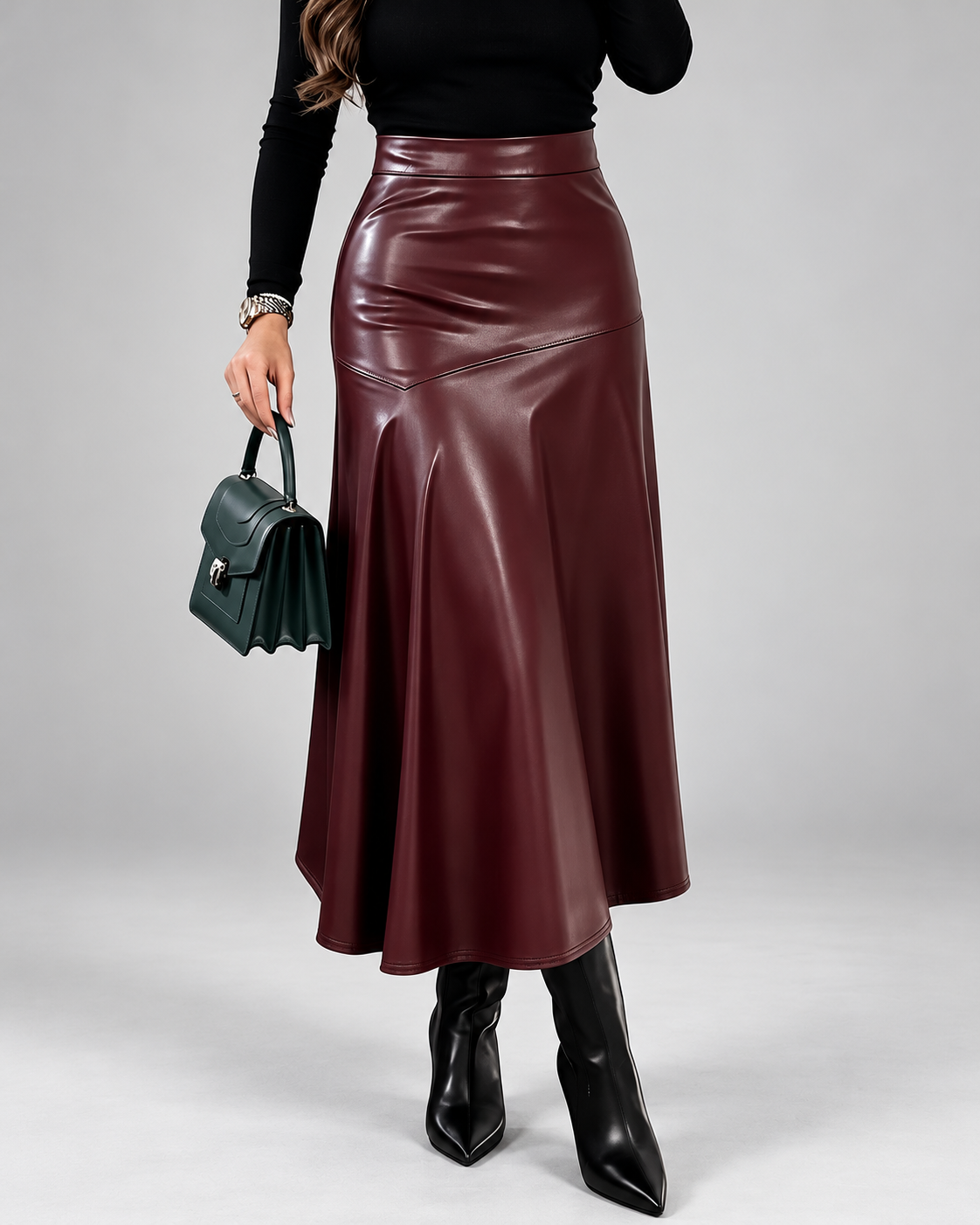 Women's Faux Leather Midi Skirt with High Waist and Flared Hem