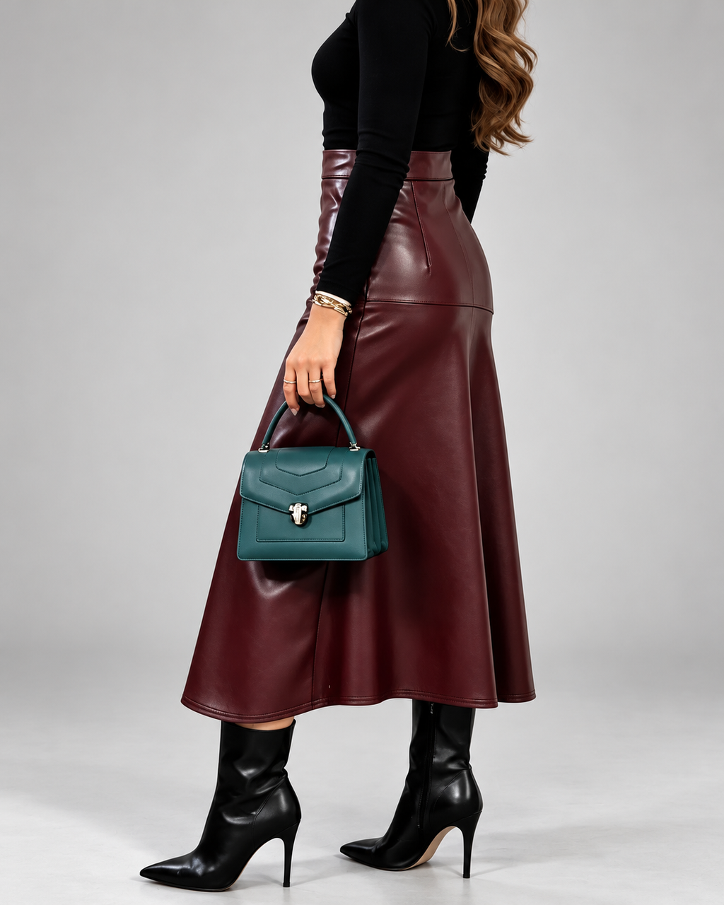 Women's Faux Leather Midi Skirt with High Waist and Flared Hem