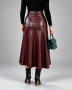 Women's Faux Leather Midi Skirt with High Waist and Flared Hem