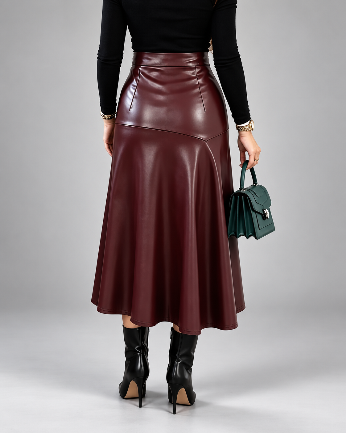 Women's Faux Leather Midi Skirt with High Waist and Flared Hem