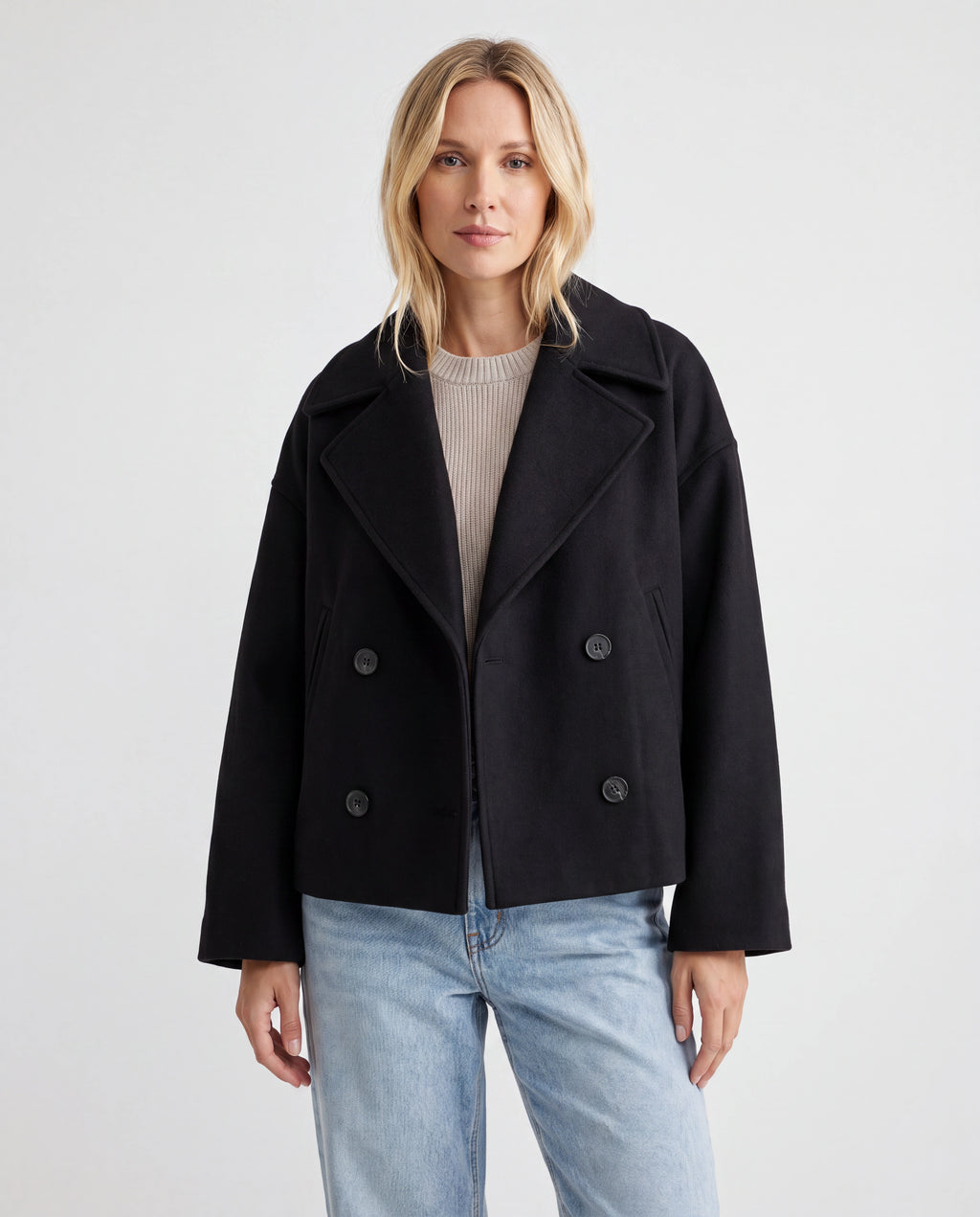 Women's Double Breasted Notch Lapel Short Jacket with Pockets