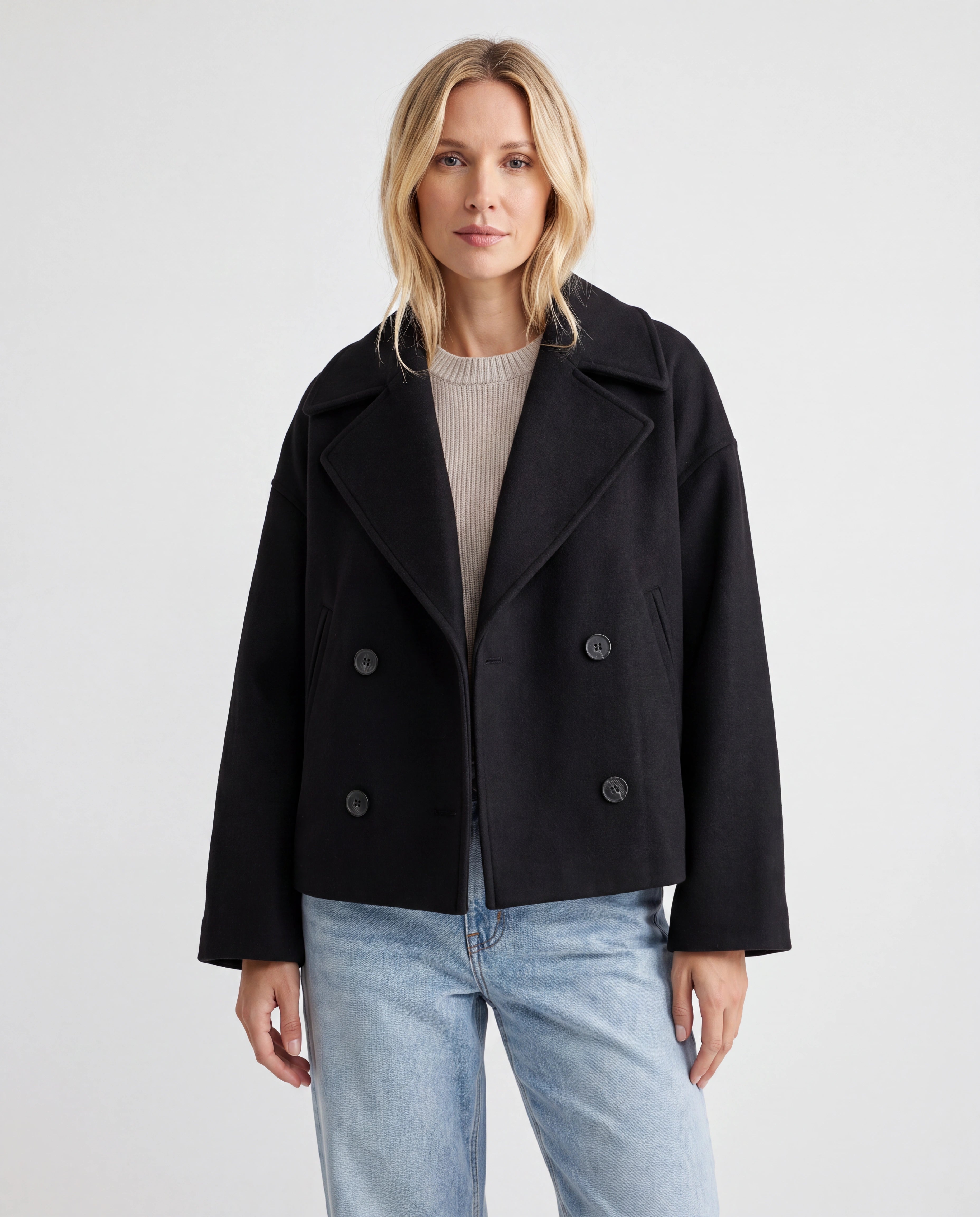 Women's Double Breasted Notch Lapel Short Jacket with Pockets