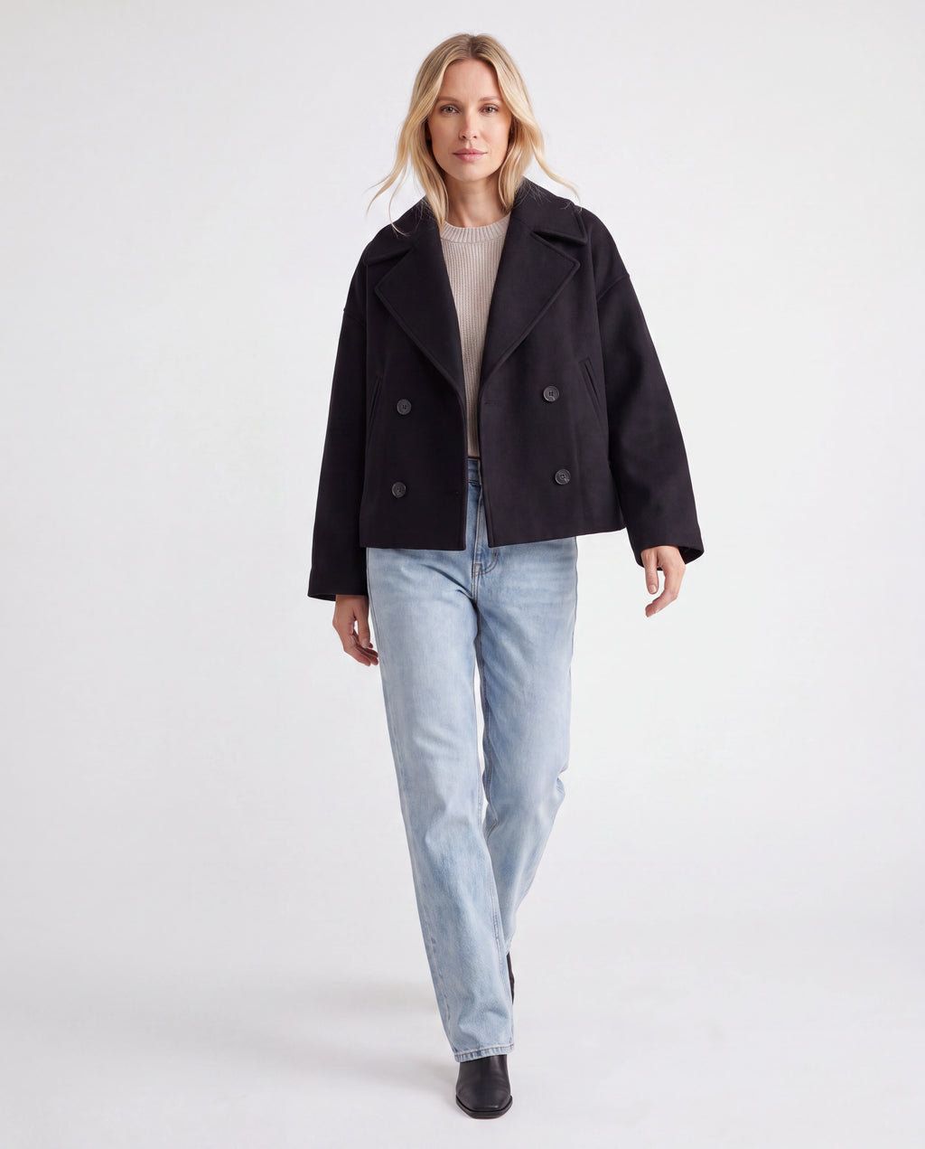 Women's Double Breasted Notch Lapel Short Jacket with Pockets