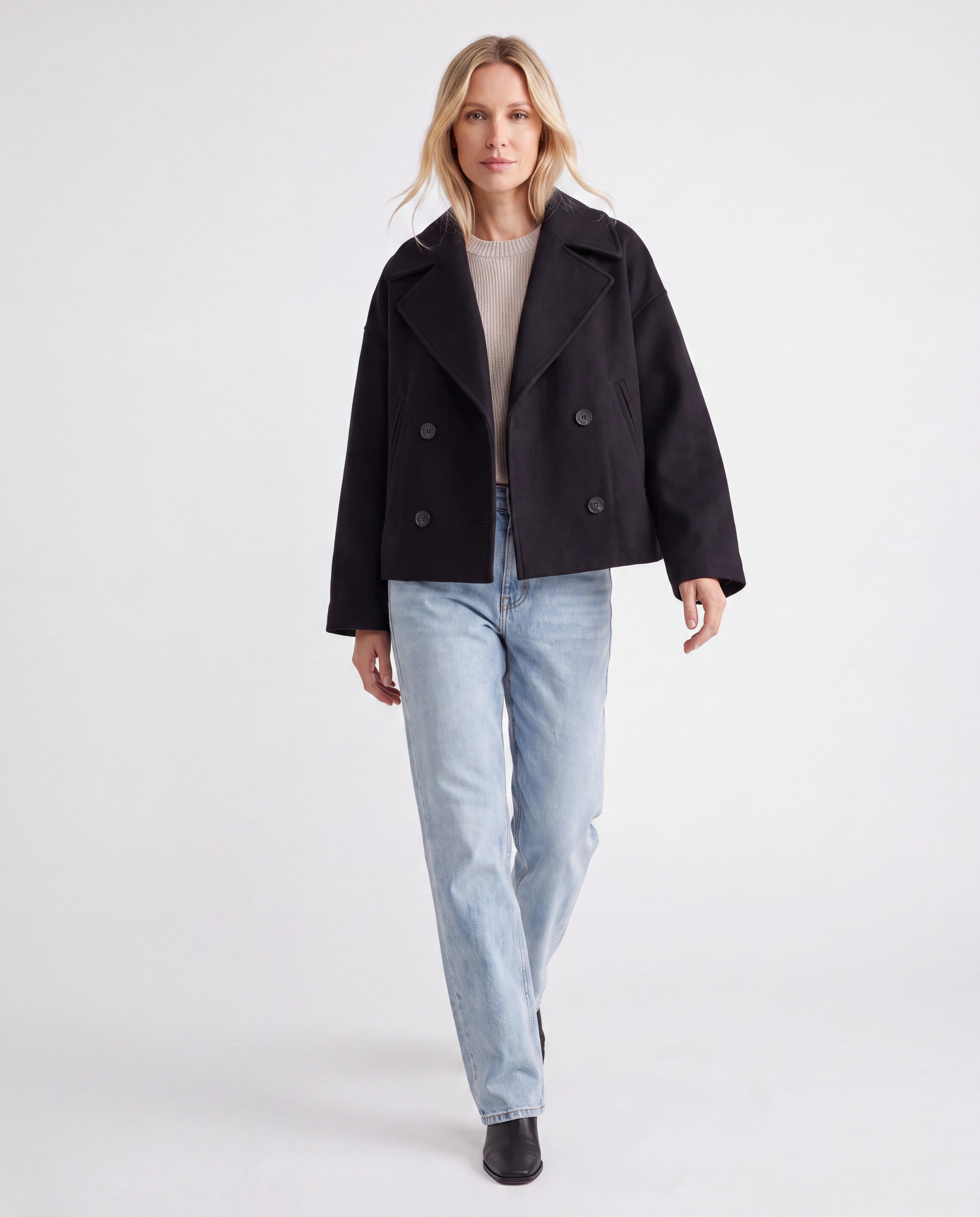 Women's Double Breasted Notch Lapel Short Jacket with Pockets