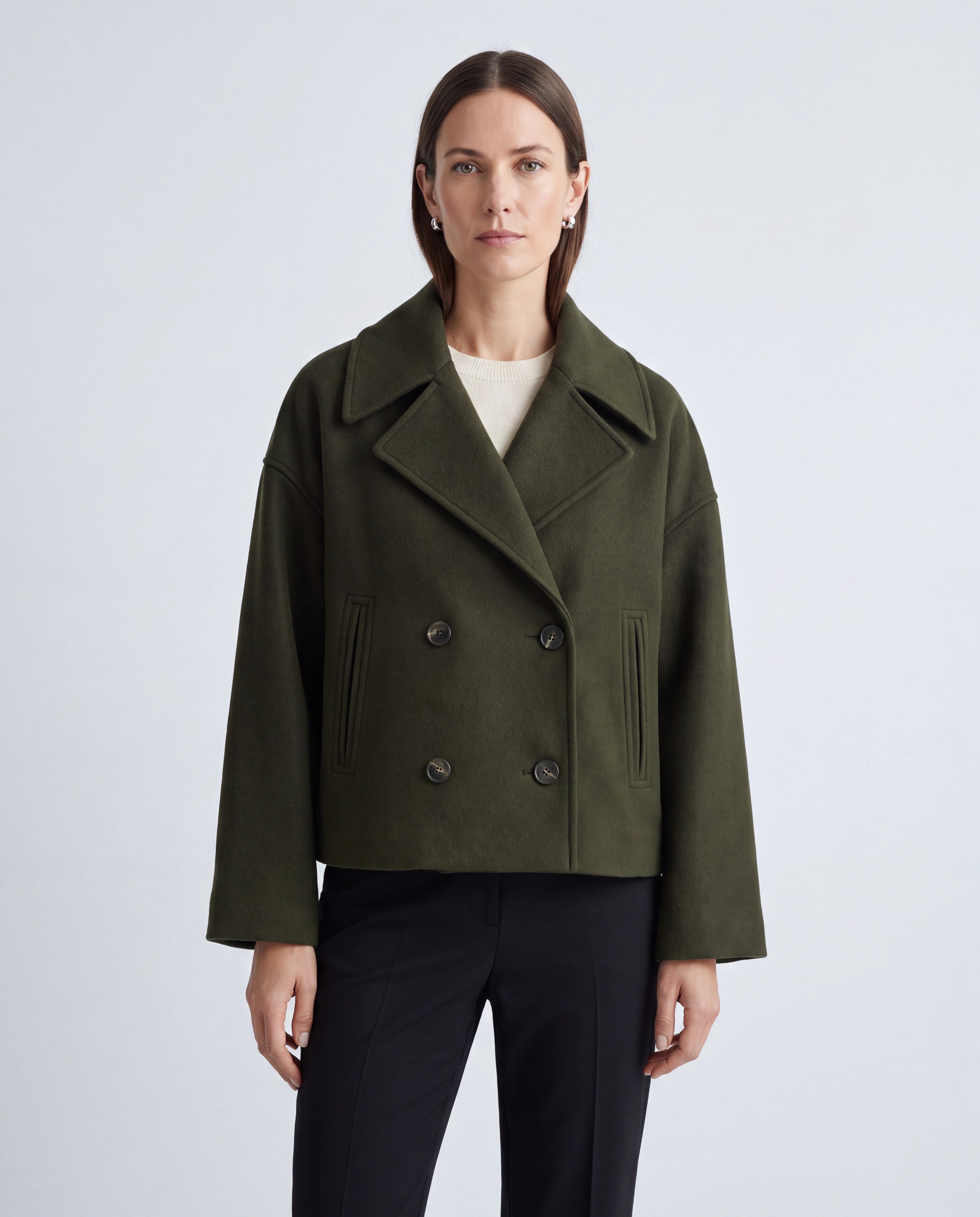 Women's Double Breasted Notch Lapel Short Jacket with Pockets