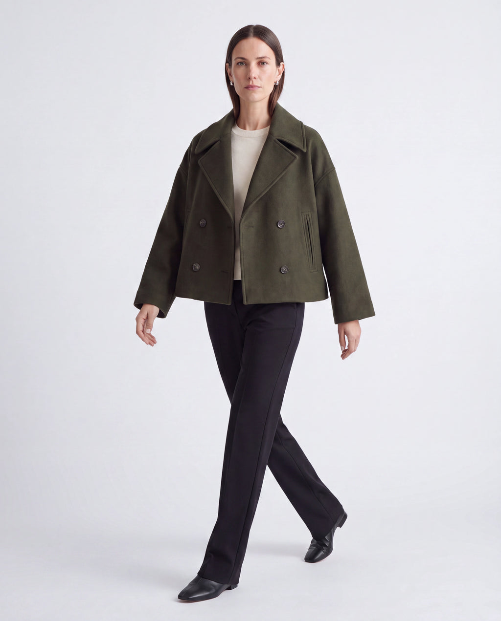 Women's Double Breasted Notch Lapel Short Jacket with Pockets
