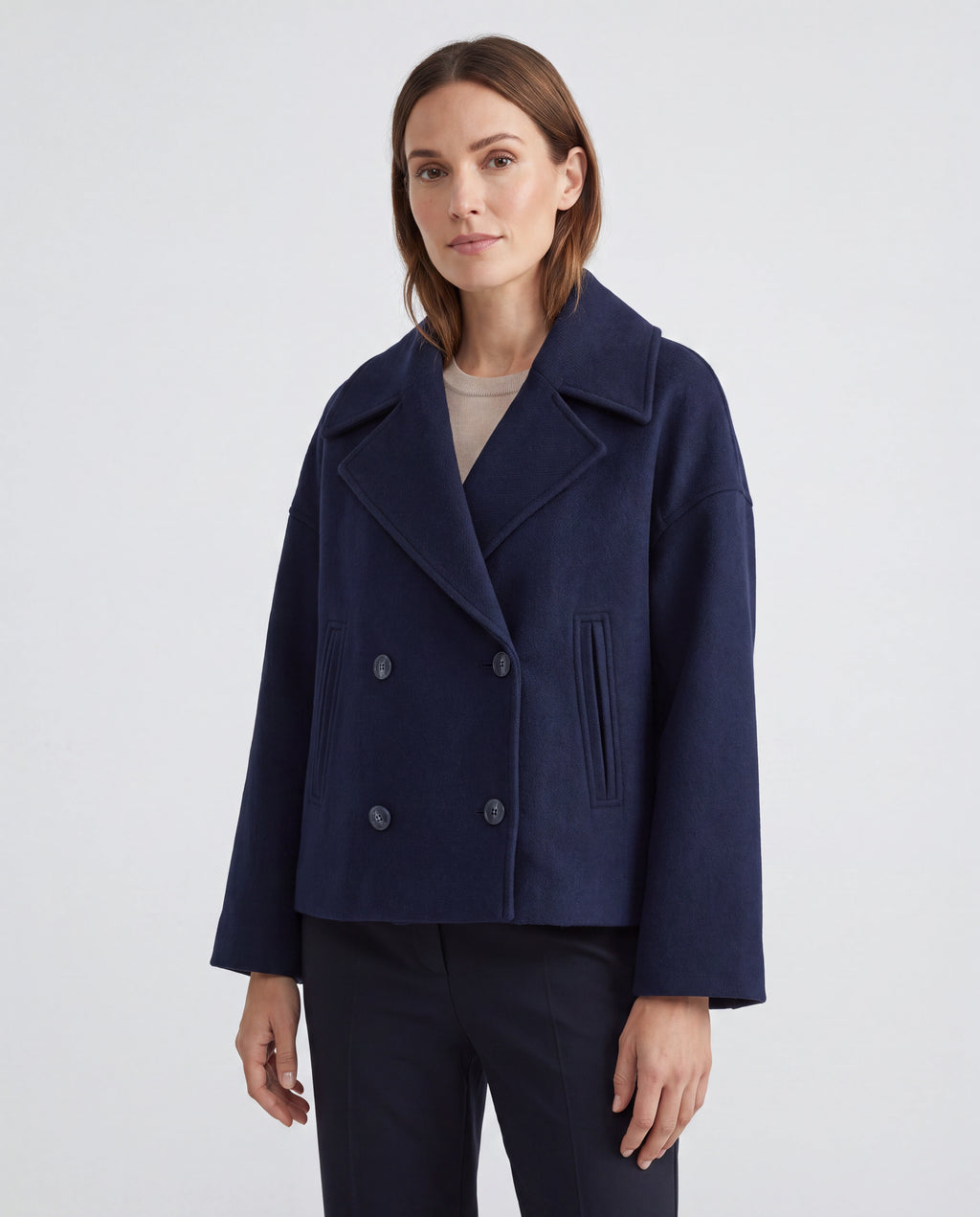 Women's Double Breasted Notch Lapel Short Jacket with Pockets