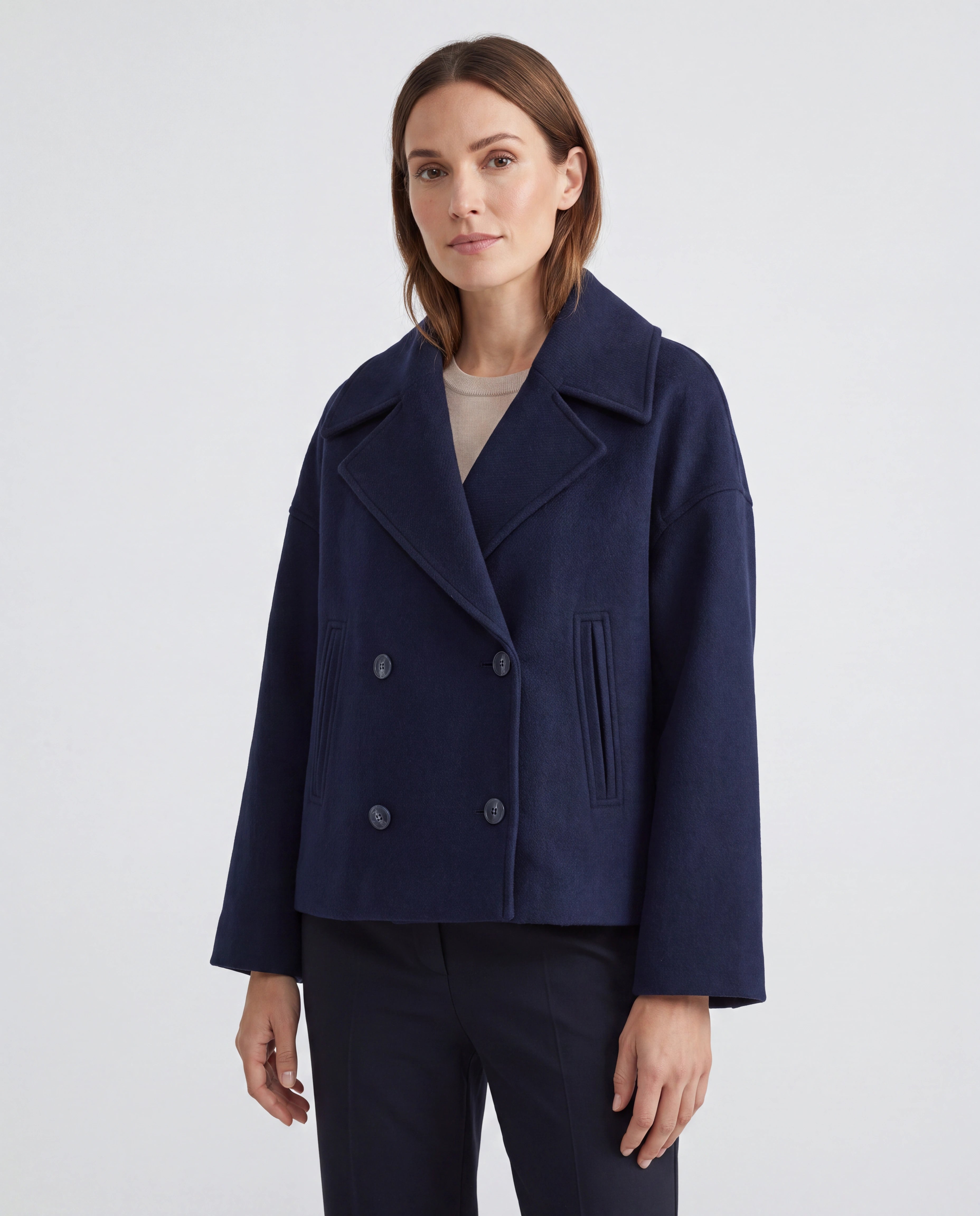 Women's Double Breasted Notch Lapel Short Jacket with Pockets