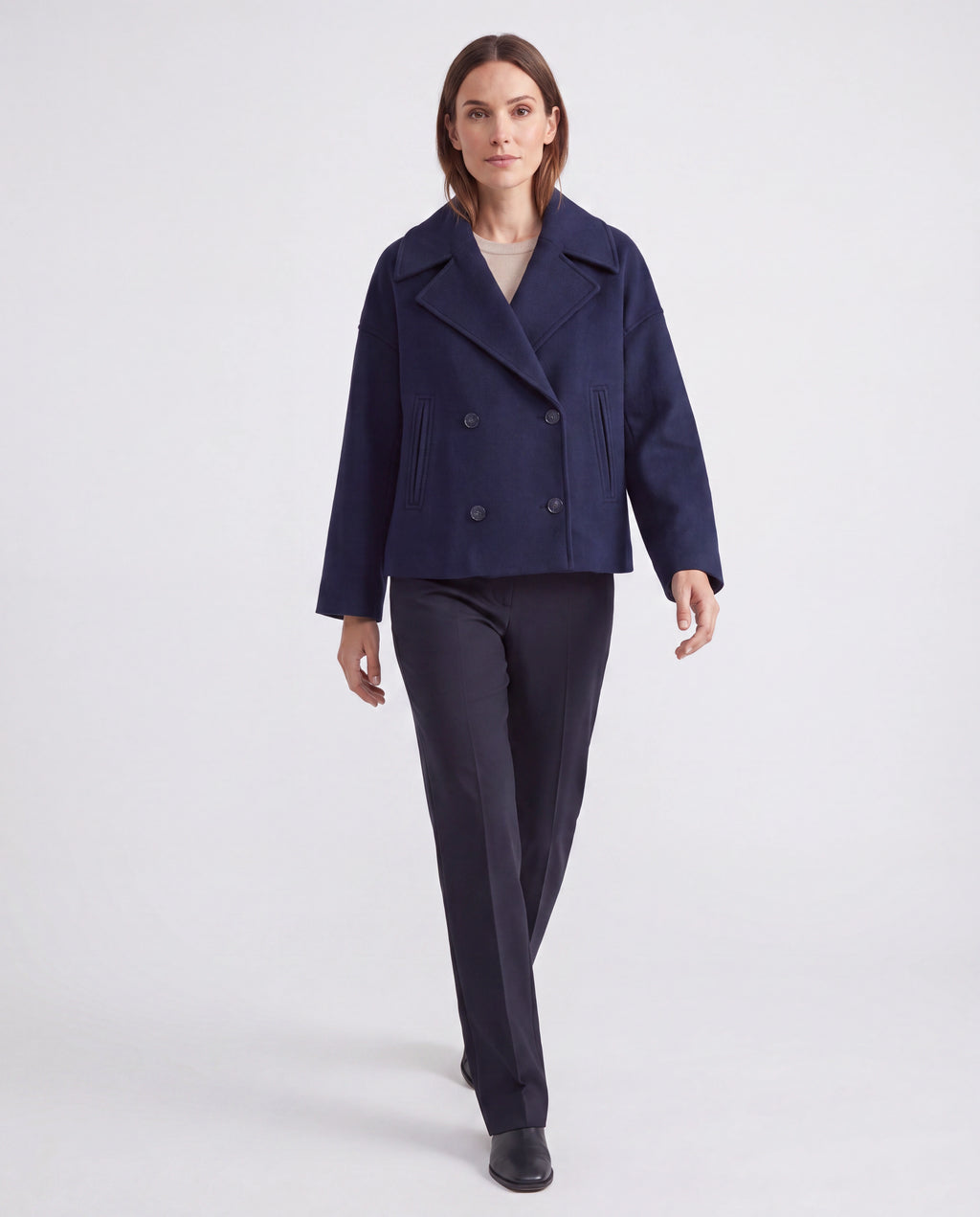 Women's Double Breasted Notch Lapel Short Jacket with Pockets