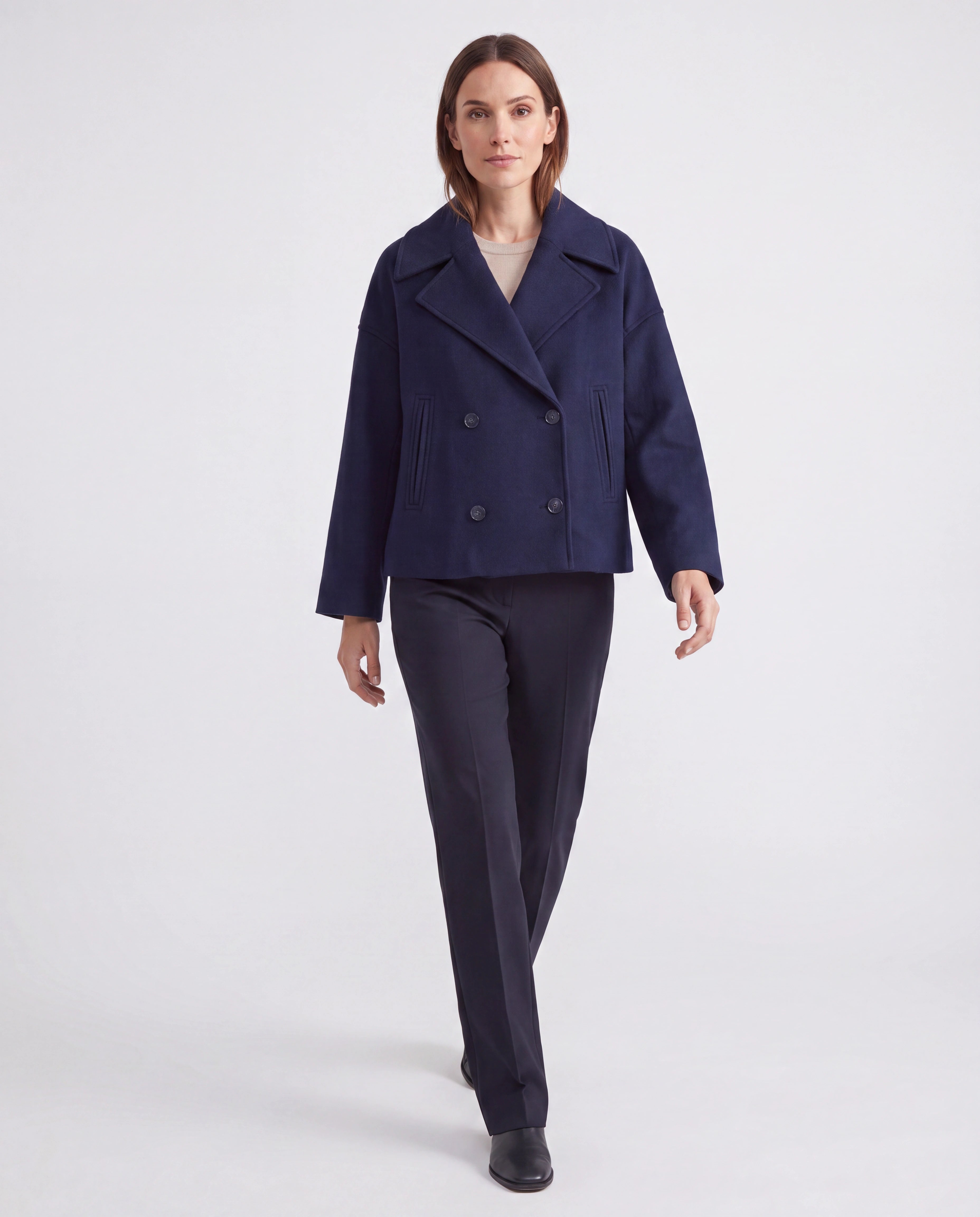 Women's Double Breasted Notch Lapel Short Jacket with Pockets