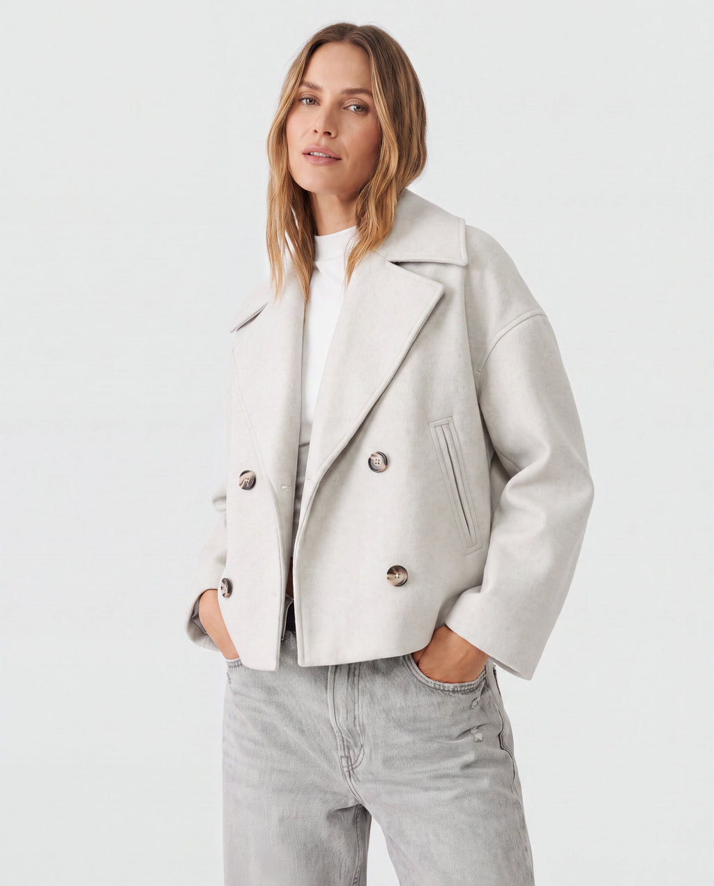 Women's Double Breasted Notch Lapel Short Jacket with Pockets