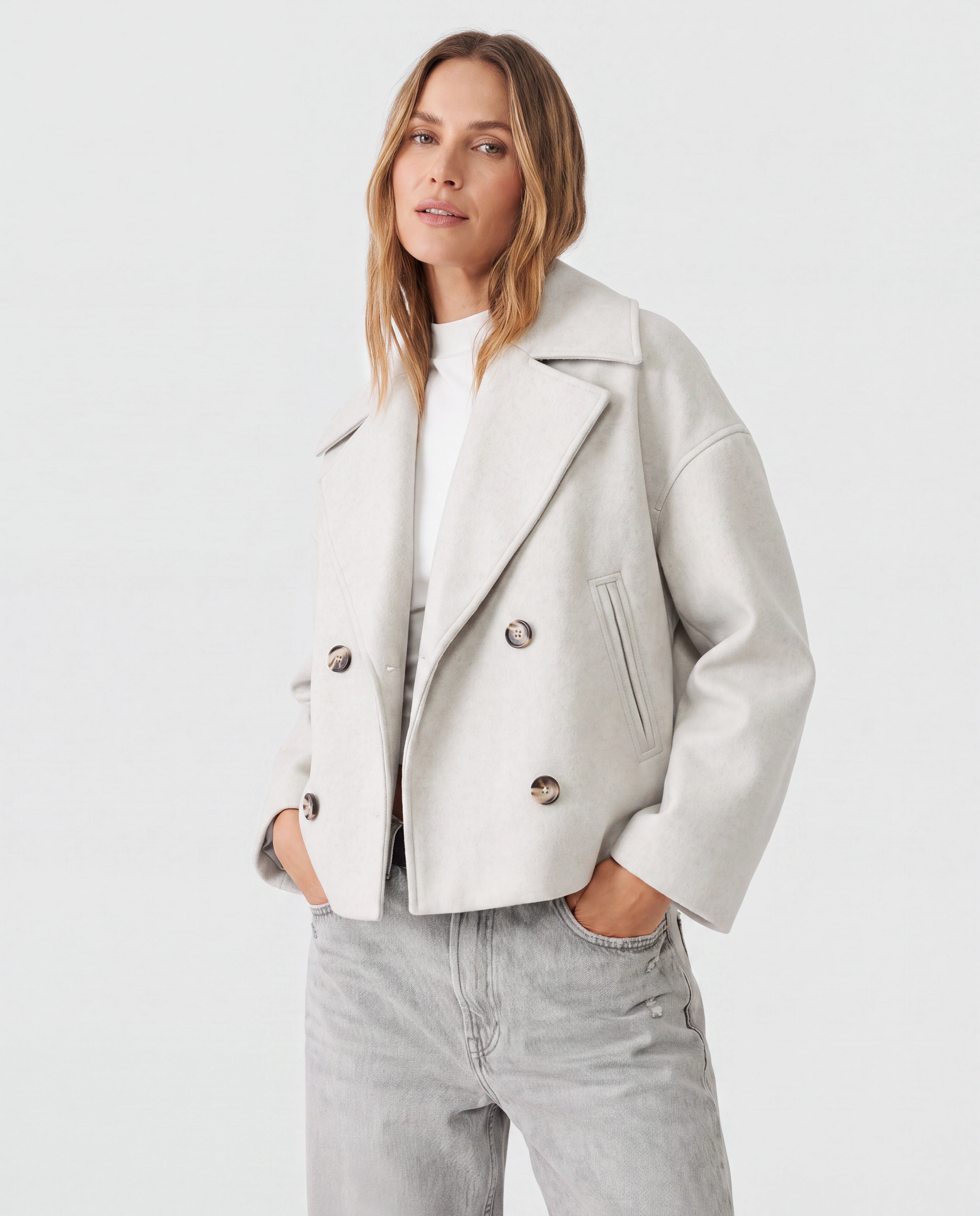 Women's Double Breasted Notch Lapel Short Jacket with Pockets