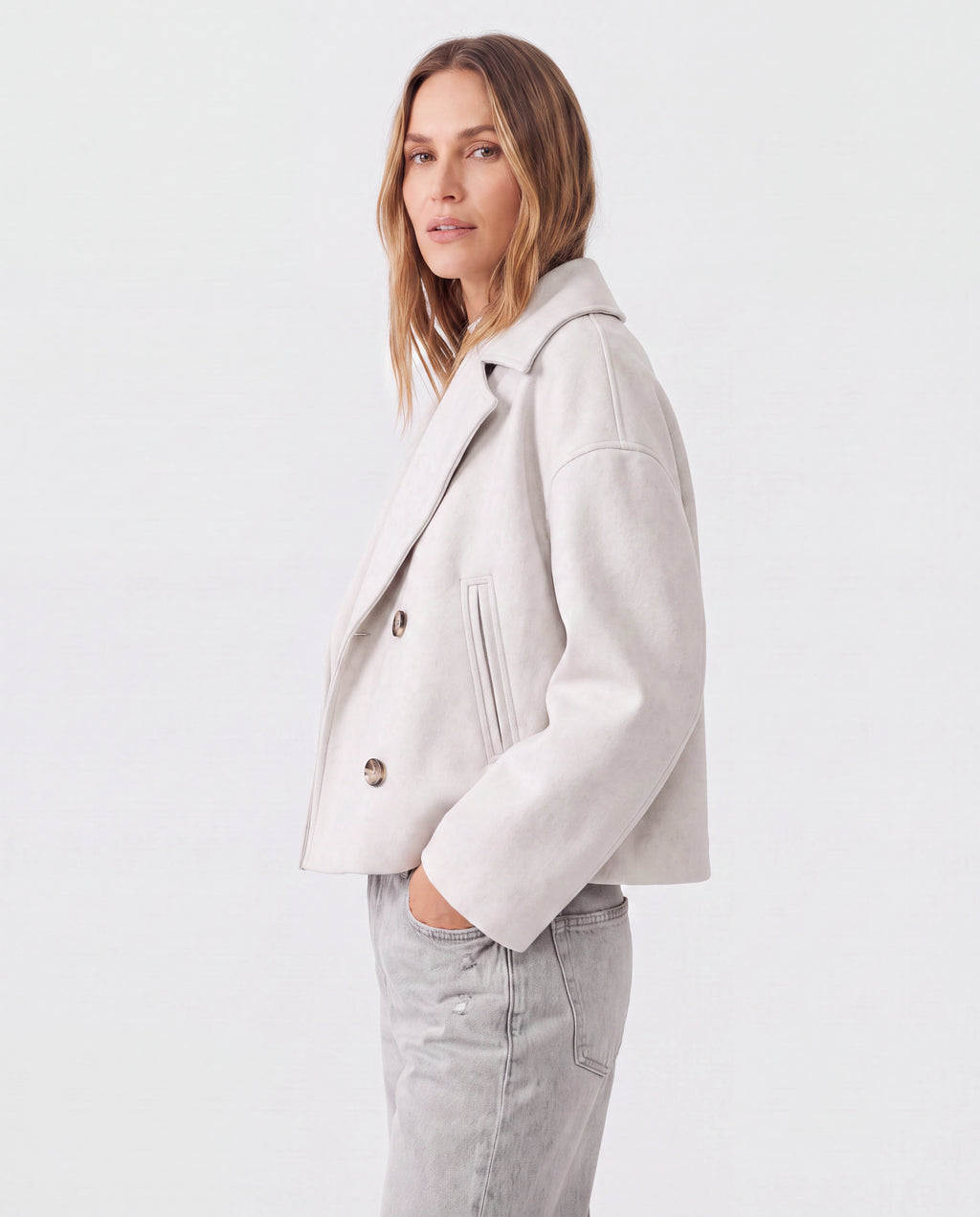 Women's Double Breasted Notch Lapel Short Jacket with Pockets