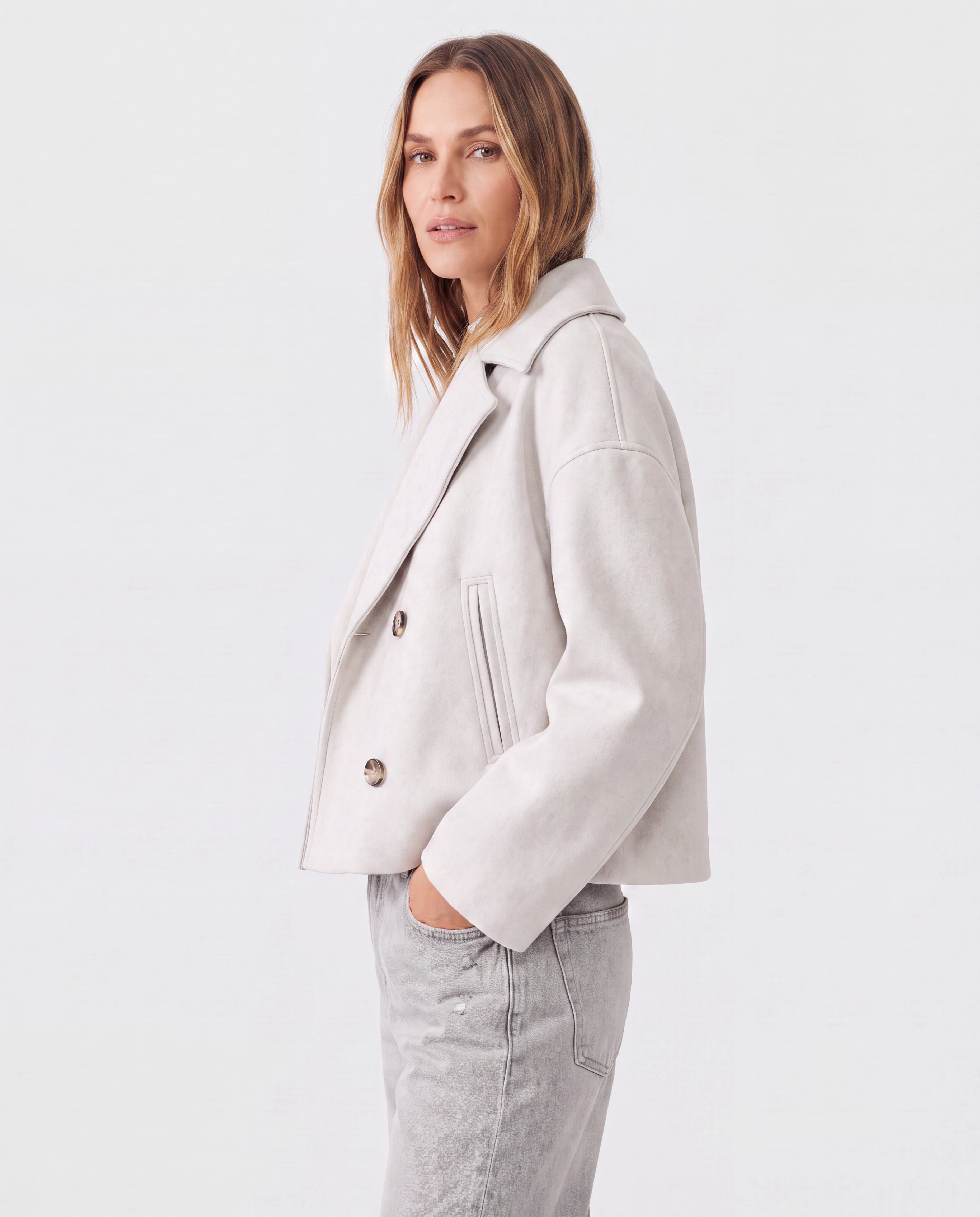 Women's Double Breasted Notch Lapel Short Jacket with Pockets