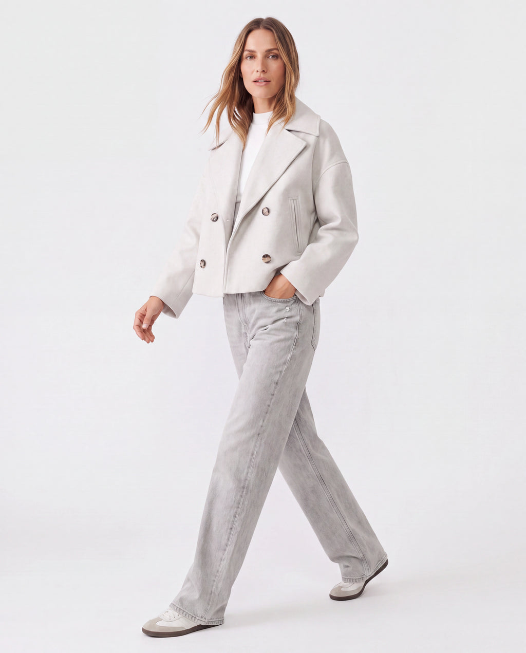 Women's Double Breasted Notch Lapel Short Jacket with Pockets
