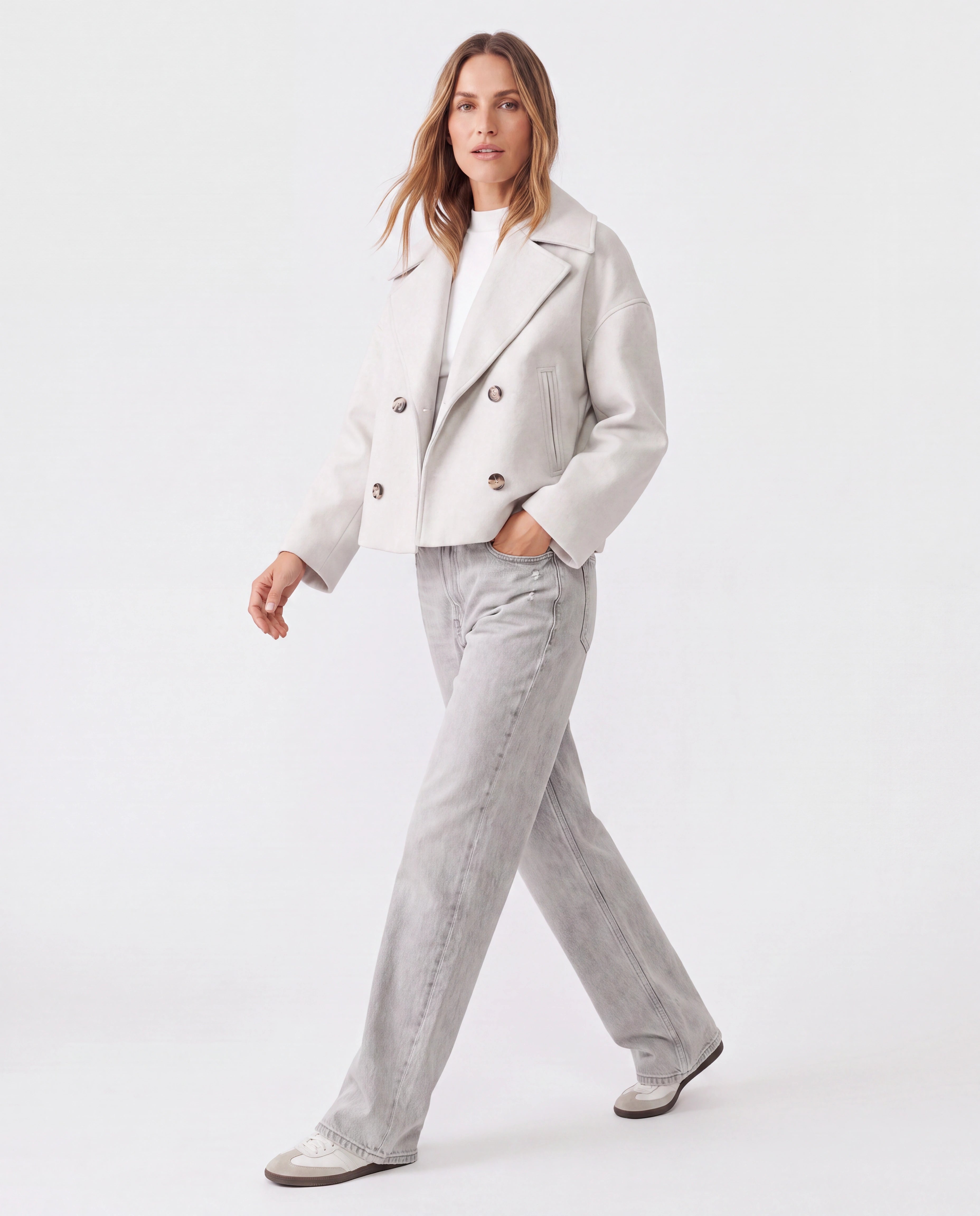 Women's Double Breasted Notch Lapel Short Jacket with Pockets