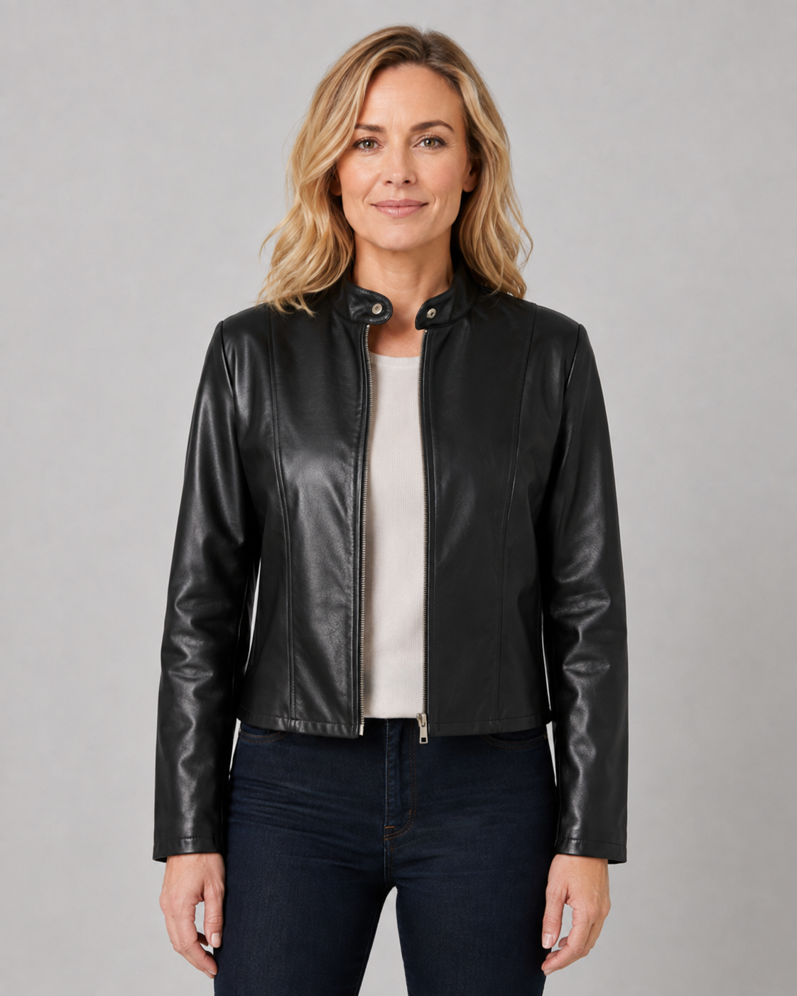 Women's Fitted Cropped Biker Jacket with Stand Collar and Zip Front