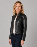 Women's Fitted Cropped Biker Jacket with Stand Collar and Zip Front