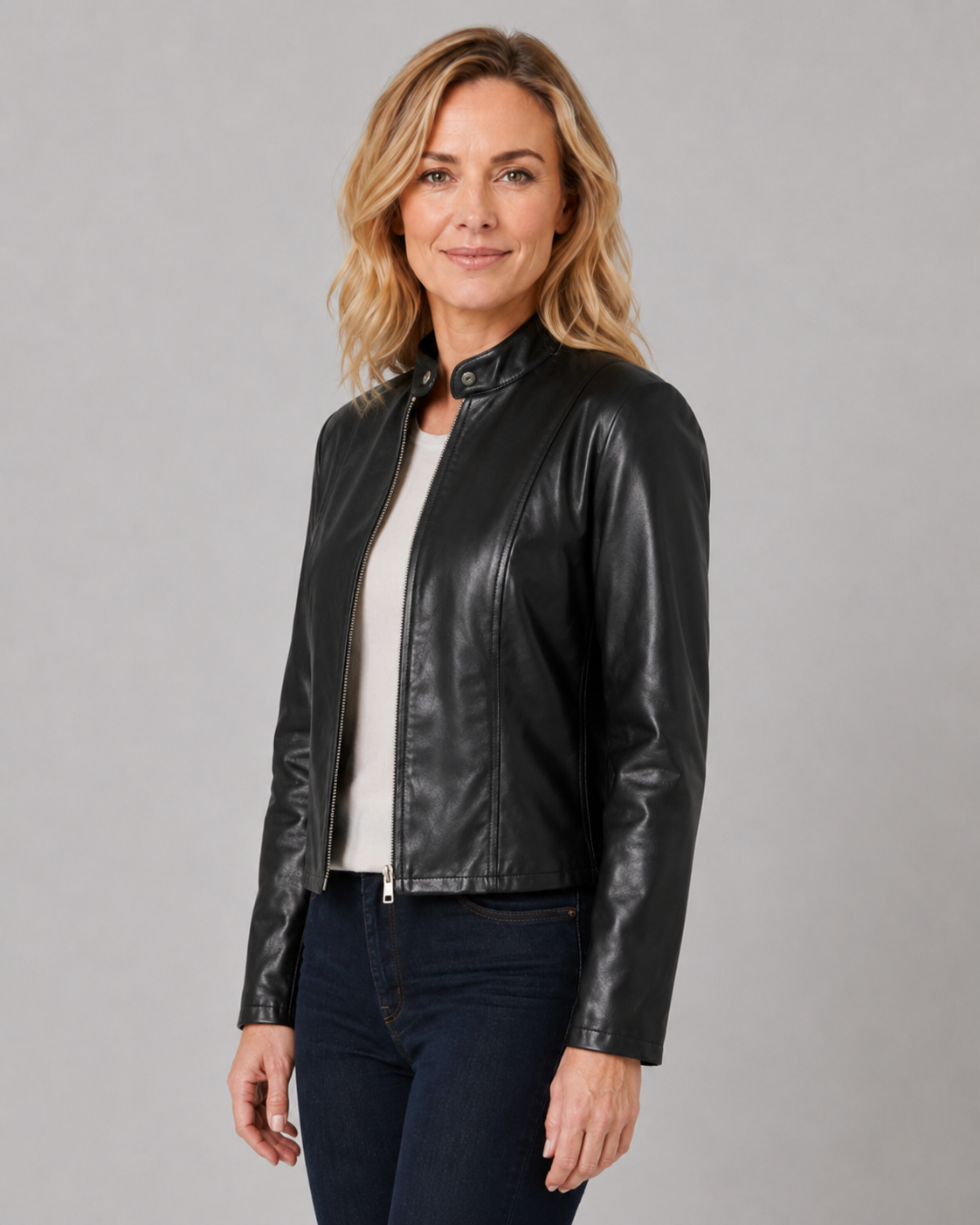 Women's Fitted Cropped Biker Jacket with Stand Collar and Zip Front