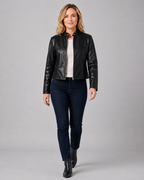 Women's Fitted Cropped Biker Jacket with Stand Collar and Zip Front