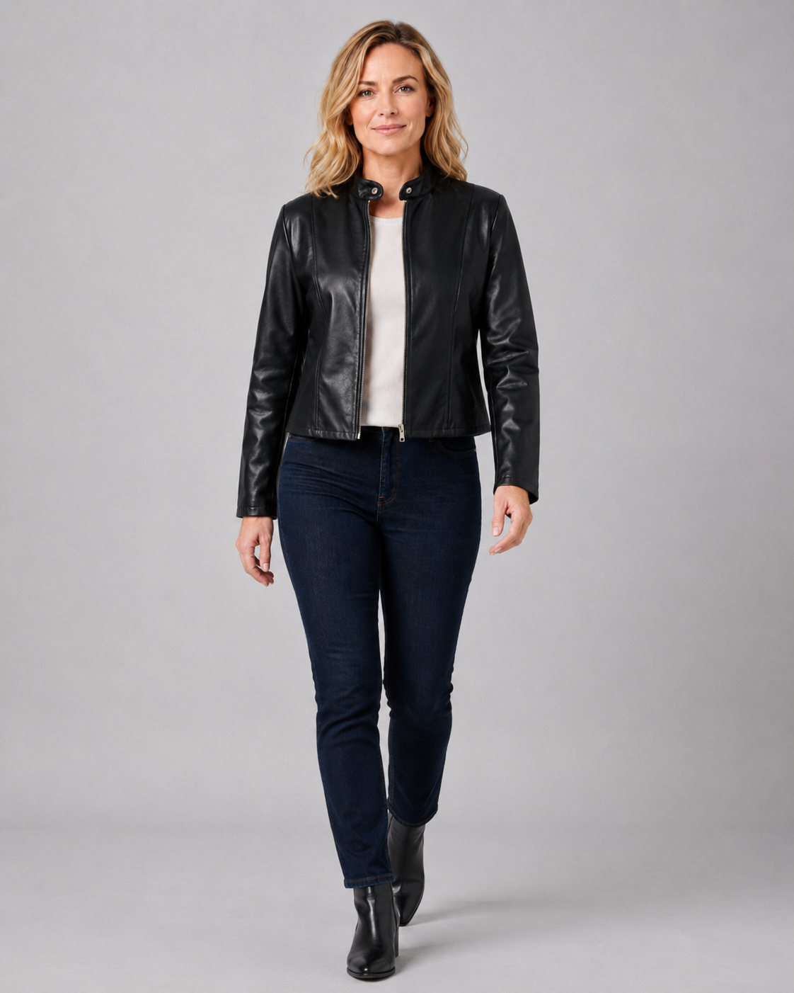 Women's Fitted Cropped Biker Jacket with Stand Collar and Zip Front