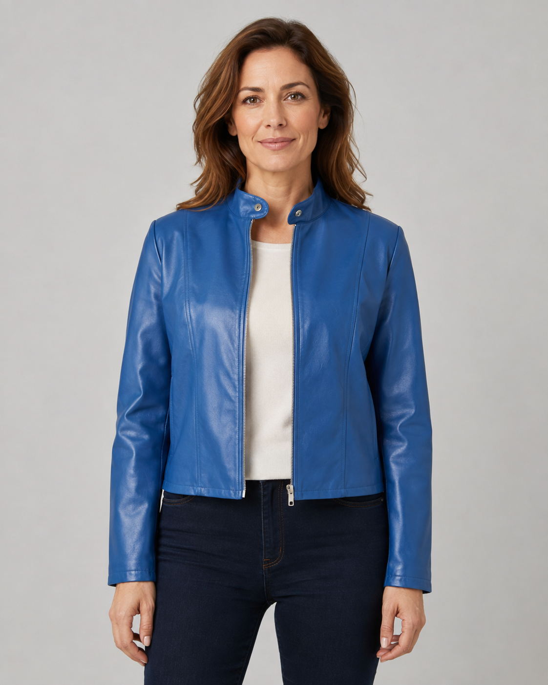 Women's Fitted Cropped Biker Jacket with Stand Collar and Zip Front
