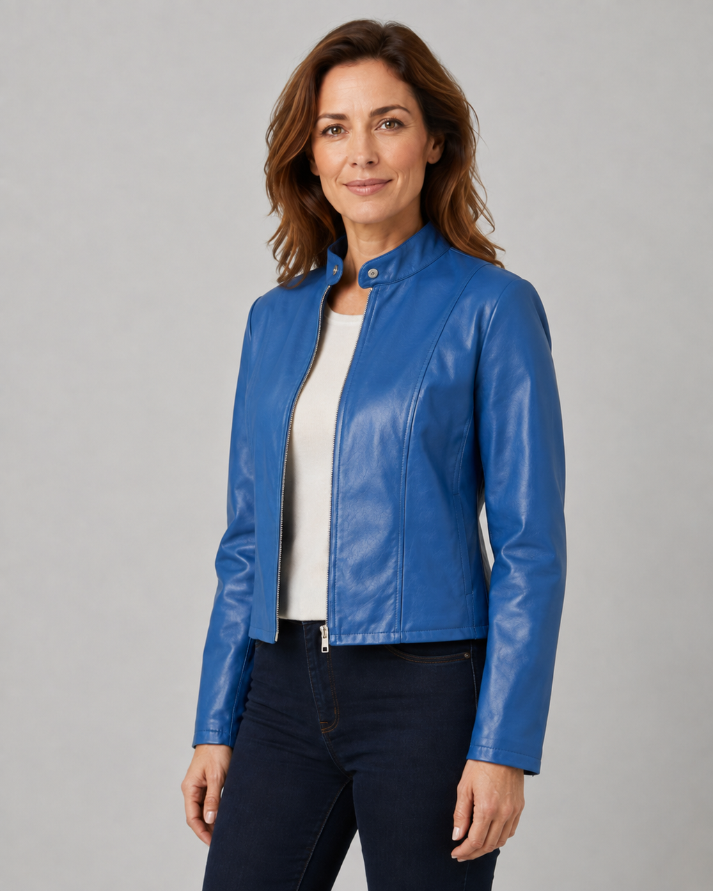 Women's Fitted Cropped Biker Jacket with Stand Collar and Zip Front