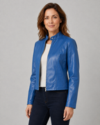 Women's Fitted Cropped Biker Jacket with Stand Collar and Zip Front